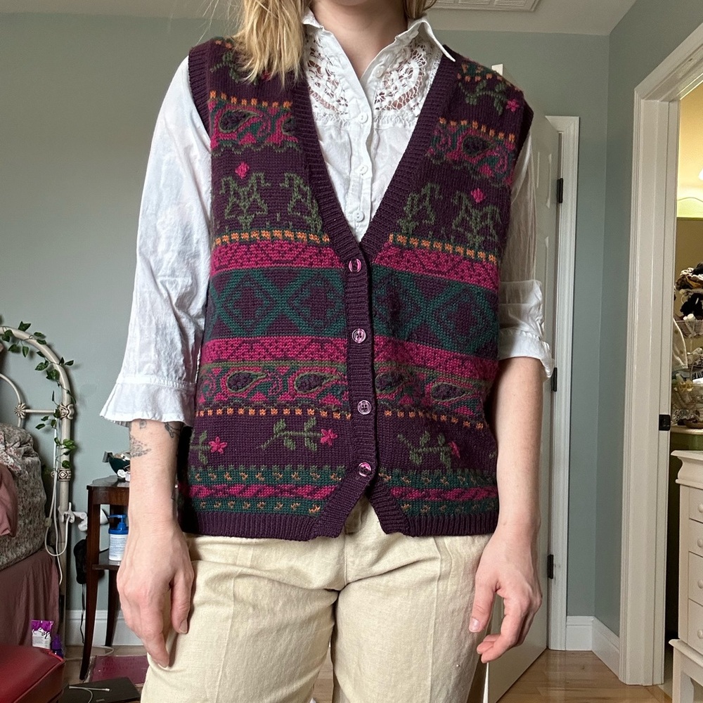 Plum Patterned Knit Sweater-Vest with Teal & Berry Accents